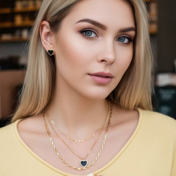 Elegant 18K Gold Plated Triple Layer Necklace & Heart Earrings Trendy Set ✨ - Picture 10 of 13